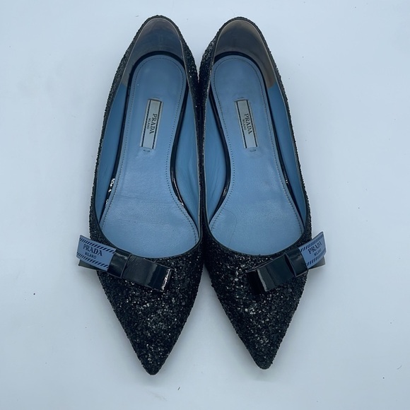 Prada Black Glitter leather bow logo embellished pointed toe ballet flats 38.5